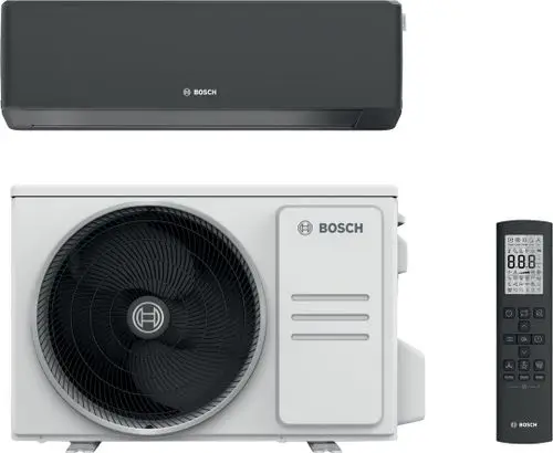 Split-Klimagerät von Bosch mit Inneneinheit in schwarzem Design, Außeneinheit in Weiß und einer Fernbedienung zur Steuerung der Funktionen.